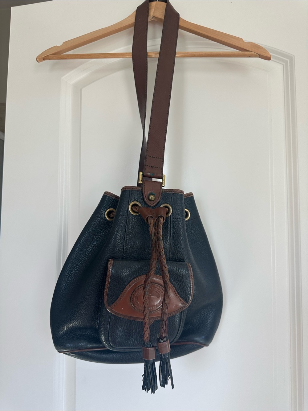 Vintage Dooney & Bourke Black Pebbled Leather Drawstring Hobo with Brown Trim